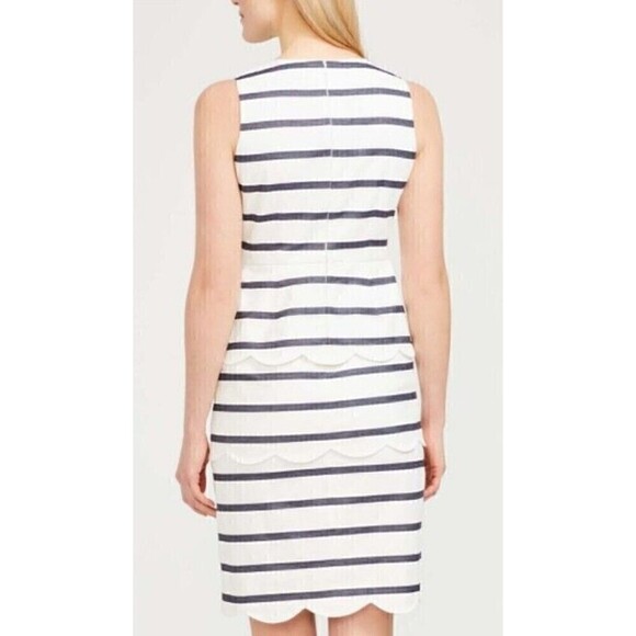 J. McLaughlin Sz 4 Providence White Blue Striped Sheath Dress Tiered Scalloped - Picture 2 of 6